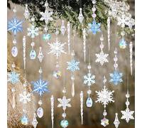 32PCS Decoración Navideña,Transparente Copo de Nieve con Cristal K9, Carámbanos de acrílico,árbol de Navidad Adornos Colgantes Conjuntos