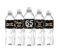 33 etiquetas adhesivas para botellas de agua con texto en inglés "Happy 65th Birthday", con texto en inglés "Cheers to 65 Years", para decoración de fiesta de aniversario de 65 años, color negro