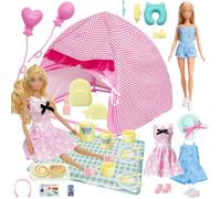 33 juegos de camping de ropa compatibles con Barbie, 1 tienda de campaña, 1 manta de pícnic, 1 falda, 1 mono, 1 sombrero, 2 globos, 2 zapatos, 13 decoraciones de mesa, 10 accesorios para muñecas de