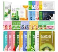 33 mascarillas faciales de tela para todo tipo de pieles, mascarillas faciales, parches para los ojos, mascarillas para los labios, bálsamo labial, set de crema para los ojos, regalo para mujeres