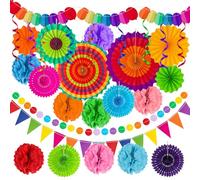 33 pompones de papel de seda decorativos, coloridos, pompones de papel, decoración para fiestas, rosetas colgantes, abanicos, banderines triangulares y guirnalda para fiestas, bodas, cumpleaños
