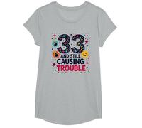33 y todavía Causando Problemas Regalo de cumpleaños Humor Camiseta, Niñas, Gris Jaspeado, Grande