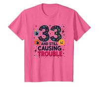 33 y todavía Causando Problemas Regalo de cumpleaños Humor Camiseta, Niños, Rosa Jaspeado, 10 años