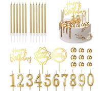 34 Decoraciones Para Tartas De Feliz CumpleañOs, Cake Topper Con Velas De CumpleañOs 0-9,Aniversario De Boda (Dorado)