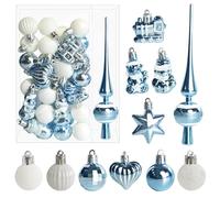 34 pcs Christmas Baubles with Tree Topper Set,Ø3/4.5/5.5cm Small Christmas Tree Baubles Plastic Light Blue White Baubles Mini Christmas Table Decoration Christmas Tree Decoration Ornaments