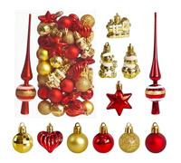 34 pcs Christmas Baubles with Tree Topper Set, Ø3/4.5/5.5cm Small Christmas Tree Baubles Plastic Red Gold Baubles Mini Christmas Table Decoration Christmas Tree Decoration Ornaments