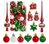 34 Piezas Christmas Baubles with Tree Topper Set, Ø3/4.5/5.5cm Small Christmas Tree Baubles Plastic Red Green Baubles Mini Christmas Table Decoration Christmas Tree Decoration Ornaments