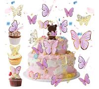 34 Piezas Mariposas Decoración para Tartas, Decoración para Tartas, Toppers de Mariposas para Tartas para Niñas Cumpleaños San Valentín Bodas, Cupcakes (Morado)