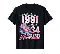 34th Birthday Queen Made in 1991 Gifts 34 Years Old Floral Camiseta