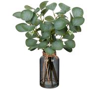 35 cm ramas artificiales de eucalipto con jarrón de cristal negro, planta de plástico, decoración realista, dólar de plata para boda, mesa, oficina, salón