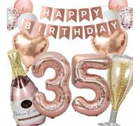 35. Decoración de cumpleaños para mujer, oro rosa, 35. botellas de champán, copa de vino, globo de papel de aluminio número 35. Globo decorativo de cumpleaños, alegres de 35 años de edad, fiesta de