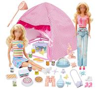 35 muñecas, ropa de camping, juego compatible con Barbie, 1 tienda de campaña, 4 prendas, 12 comida de picnic, juego de juguetes, 15 accesorios para exteriores, 2 zapatos para muñecas de 11,5 pulgadas