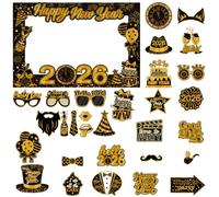 35 Piezas 2026 Accesorios para Fotos de Año Nuevo, Suministros de decoración de Fiesta, Photo Booth Accessories New Year'S Eve Gifts, fotomatón Divertido Lindo Selfie (Negro Oro)