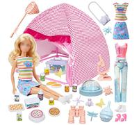 35 piezas de ropa de muñeca, tienda de campaña de viaje compatible con Barbie, 1 tienda de campaña, 4 ropa, 12 juguetes de comida de picnic, 15 accesorios al aire libre, 2 zapatos para muñecas de 11.5