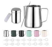 350ml Jarra Leche Barista Acero Inoxidable,con Medición Mark 12 oz, Jarra de Espuma de Leche con Dispensador de Cacao, 16 Plantillas y Bolígrafo para Capuchino y Espresso,Plata