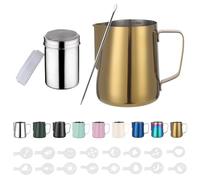 350ml Jarra Leche Barista Acero Inoxidable,con Medición Mark 12 oz, Jarra de Espuma de Leche con Dispensador de Cacao, 16 Plantillas y Bolígrafo para Capuchino y Espresso,color dorado