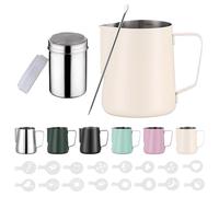 350ml Jarra Leche Barista Acero Inoxidable,con Medición Mark 12 oz, Jarra de Espuma de Leche con Dispensador de Cacao, 16 Plantillas y Bolígrafo para Capuchino y Espresso,Blanco