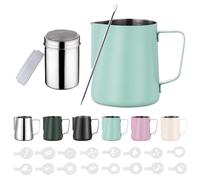 350ml Jarra Leche Barista Acero Inoxidable,con Medición Mark 12 oz, Jarra de Espuma de Leche con Dispensador de Cacao, 16 Plantillas y Bolígrafo para Capuchino y Espresso,Verde Claro