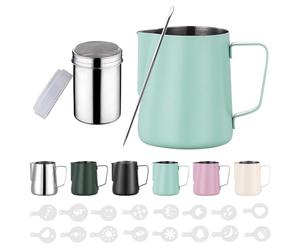 350ml Jarra Leche Barista Acero Inoxidable,con Medición Mark 12 oz, Jarra de Espuma de Leche con Dispensador de Cacao, 16 Plantillas y Bolígrafo para Capuchino y Espresso,Verde Claro