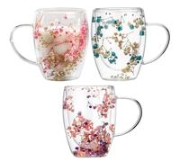 350ml Taza de Vidrio de Doble Pared Con Flores Secas - 3 Piezas Para Café y Té | Aislada Resistente al Calor