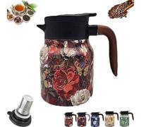 35oz Vintage Floral Teapot with Built in Infuser Stainless Steel V-Shaped Spout Thermal Carafe One-Touch Dispenser for Tea & Coffee (Red * wood,1000ml)
