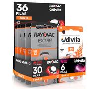 36 Baterías para Audífonos Medida 13 PR48 Naranjas Zinc Aire Phono Pulse Technology en 6 Blíster de 6 Pilas 36 Baterías 30 Rayovac + 6 Udivita