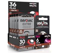 36 Baterías para Audífonos Medida 312 PR41 Marrones Zinc Aire Phono Pulse Technology en 6 Blíster de 6 Pilas 36 Baterías 30 Rayovac + 6 Udivita
