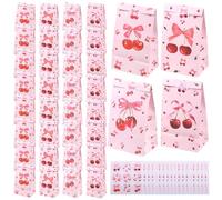 36 bolsas de papel pequeñas con pegatinas, 22 x 12 x 8 cm, para calendario de Adviento, bolsas de regalo de cumpleaños infantiles, bolsas de papel de estraza de cereza rosa, para Navidad, boda