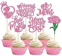 36 decoraciones para tartas Happy Mother's Day con purpurina y flor Love You Mamá Cake Toppers #1 Mamá Decoración para tartas para Día de la Madre Tema Mujeres Cumpleaños Fiesta Suministros Rosa
