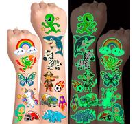 36 Hojas Luminosos Tatuajes Temporales Niños, Tatuajes Fluorescentes para Niñas y Niños, Tatoos Temporales Niños Contienen Alien, Animales, Dinosaurios, Unicornio, Sirena, Coche, Espacio, Pirata, etc