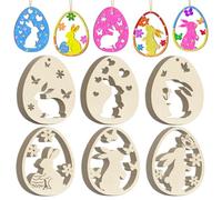 36 piezas de manualidades de madera para Pascua para niños, huevos de Pascua de madera con conejito para pintar, manualidades DIY de huevos de Pascua con conejito y flor para pintar, colgantes de