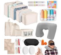 36 Piezas Travel Essentials,Bolsas Organizadoras Maleta,Botes de Viaje Rellenables,Cojín Cuello Viaje,con Antifaz para Dormir,Tapones para Los Oídos,Viajes Accesorios,para Oficina,Avión,Coche,Tren
