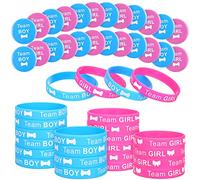 36 pines de botón de revelación de género, chico y chica, y 36 piezas de muñequeras de silicona para revelar sexo de bebé, para fiestas de género