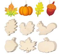 36 recortes de Acción de Gracias con cuerda, 6 estilos de artesanías de madera para pintar, recortes de madera de otoño en blanco sin terminar, adornos para colgar, formas de artesanía de