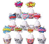 36 unidades Superheros Cupcake Toppers Wrappers Boom Pow Hero decoración para tartas de cumpleaños para celebración niños héroes tema bebé ducha cumpleaños fiesta decoración accesorios