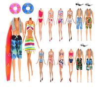 36pcs Ropa y Accesorios De Muñeca de 11.5 Pulgadas, 7 Tops Bikini Y Pantalones O Vestidos, 3 Pantalones De Playa 3 Toallas 1 Tabla De Surf+ 10 Pares De Zapatos 2 Flotadores De Anillo De Natación