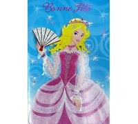 37-046-1 Tarjeta de felicitación BUENA FIESTA Princesa Reina Rubia Vestido Rosa Corona abanico para Niña Ilustración Juventud con Sobre Formato 12x17,5cm Fiesta de un nombre Santa Catalina 25 de