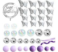 37 piezas Decoraciones para pasteles de estilo Ins Bola de discoteca púrpura Adorno para pastel Nota musical Micrófono Estrella Corazón Decoración con brillo para fiesta temática de cumpleaños