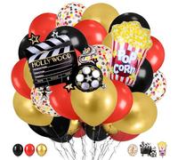 37 Piezas Globos de Cumpleaños, Látex Globos Negros Rojos y Dorados, Palomitas Globos de Papel de Aluminio Globo Película, Globo Helio para Cumpleaño Fiesta Temática de Películas (B)