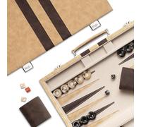38cm Backgammon Sets for Adults, Classic Board Game with Folding Leather Backgammon Case, Leather Exterior and Velvet Interior, Portable Travel Game Set (Brown)