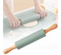 38cm Rodillo Pastelero Superficie Silicona Antiadherente con Manija Madera, Accesorios Rodillos Amasar Cocina Mango de Haya para Horneado Tarta Corteza, Pizza, Pasteles Masa, Fondant, Galletas, Azul
