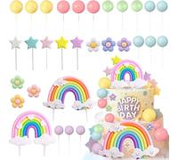 38PCS Cake Topper, Decoracion de Tarta, Arcoiris Globos Estrellas Flores Decoración para Tartas, Bolas Decorativas para Tartas, Decoración Tarta Arcoiris, para Bodas, Fiestas, Cumpleaños