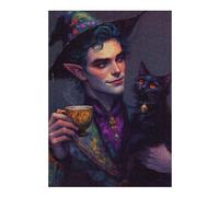 38x26cm/1000pcs Rompecabezas para Adultos Elf Wizard with Black Cat and Tea Rompecabezas para Adultos Juego De Ingenio Corte De Precisión Difícil Y Desafiante 38x26cm/1000pcs