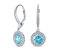 3Ct Aqua Azul Ronda Solitaire Halo Cz Palanca De Nuevo Pendientescolgantes Simulado Aguamarina Circonita Cúbica .925 Plata De Ley
