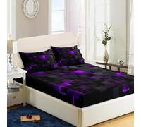 3D Abstract Geometric Bed Sheets Set, Twin Queen Size Super Soft Microfiber Teen Bedding, 10" Deep Pocket Fitted Sheet, Flat Sheet, Breathable Room Decor (NO Pillowcases)(Púrpura,137x191x25cm)