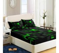 3D Abstract Geometric Bed Sheets Set, Twin Queen Size Super Soft Microfiber Teen Bedding, 10" Deep Pocket Fitted Sheet, Flat Sheet, Breathable Room Decor (NO Pillowcases)(Verde,152x203x25cm)