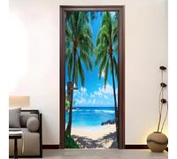 3D Adhesivo Fotográfico 77x200 cm, Paisaje de Playa de HawáI Autoadhesiva Puerta Pegatina, Paisaje Natural Extraíble Impermeable Vinilos Para Puertas para Cocina Sala de Baño Decorativos Murales