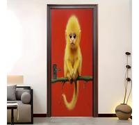 3D Adhesivo Fotográfico 88x200 cm, Animal Mono Dorado Chino Autoadhesiva Puerta Pegatina, Rojo Extraíble Impermeable Vinilos Para Puertas para Cocina Sala de Baño Decorativos Murales