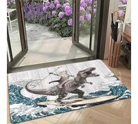 3D Alfombra de Entrada, Alfombra Estampada con patrón de Dinosaurios surfeando con un extraño Gatito, Alfombra Antideslizante, decoración del hogar-50x80cm