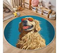 3D Alfombras Redondas Tapete Redondo Lavable Antideslizante,Cachorro con Gafas De Sol Alfombra De Área Redonda Ilustraciones De Animales para Dormitorio,Salón,Sofá,Mesa Café,Oro Azul 180Cm